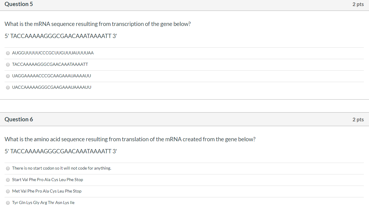 Solved Question 5 2 pts What is the mRNA sequence resulting | Chegg.com