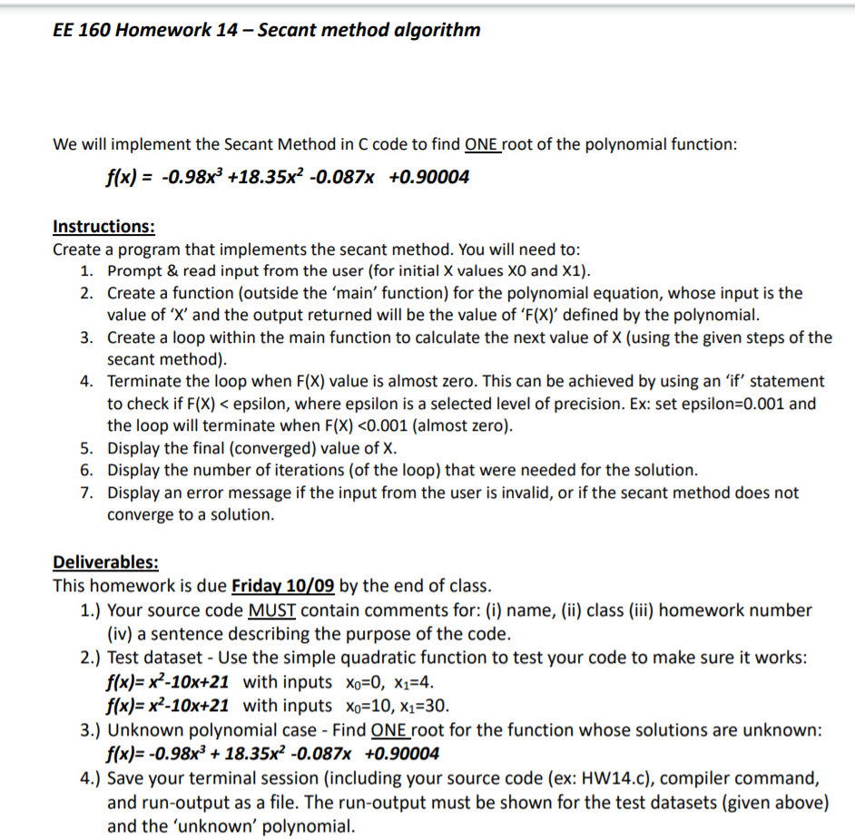 Solved EE 160 Homework 14 Secant method algorithm We will