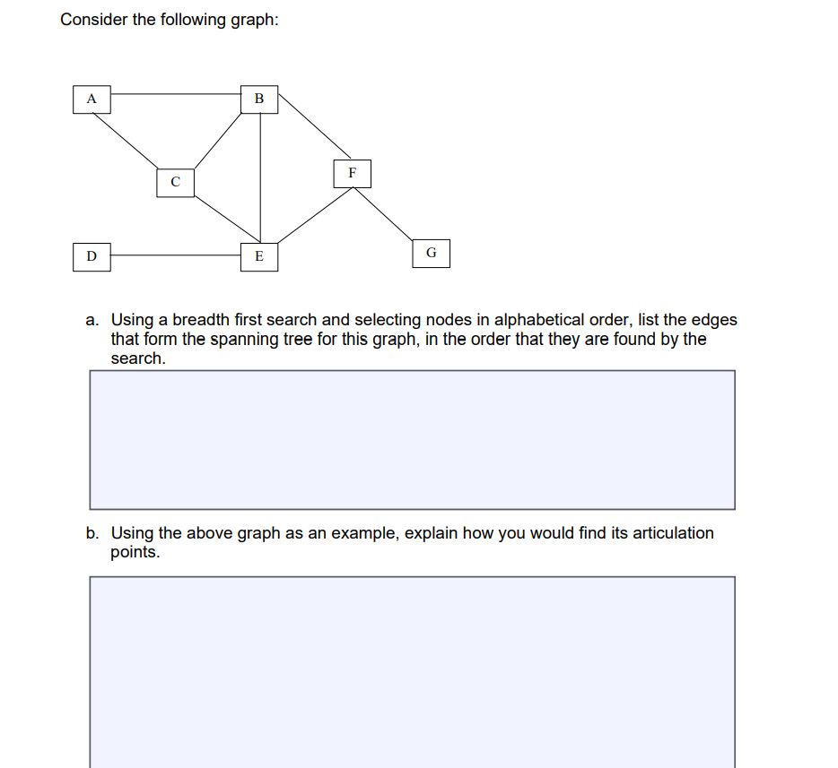 Solved Consider the following graph: A B B F с D E G a. | Chegg.com