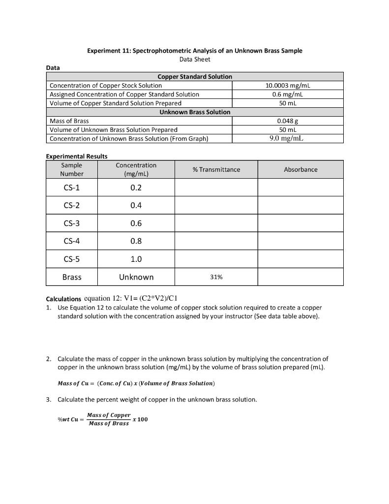 Solved Experiment 11 Spectrophotometric Analysis of an