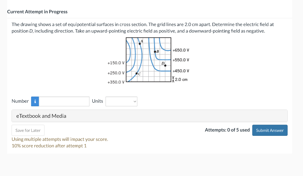 The drawing shows a set of equipotential surfaces in cross section. The grid lines are \( 2.0 \mathrm{~cm} \) apart. Determin