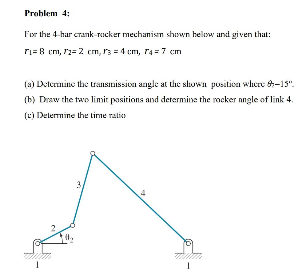 Solved For the 4bar crankrocker mechanism shown below and