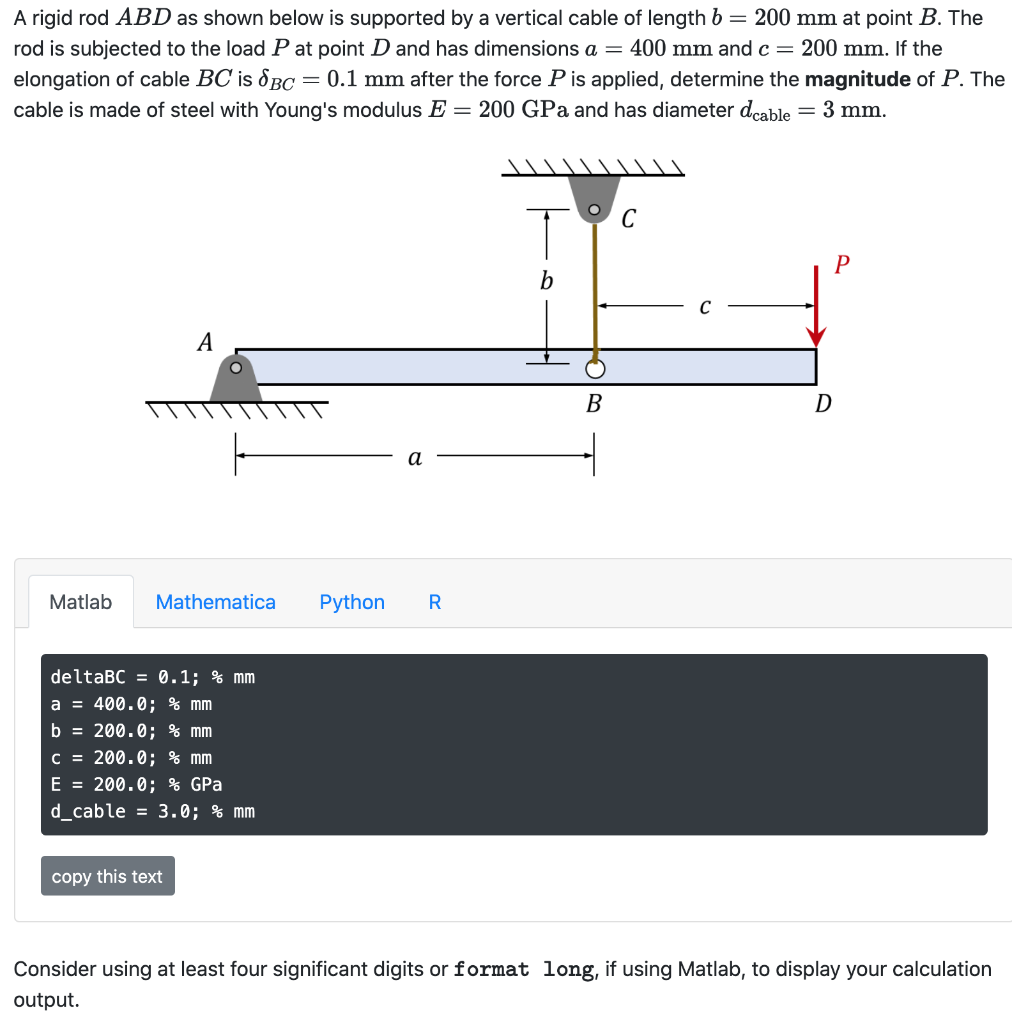 Solved A rigid rod ABD as shown below is supported by a | Chegg.com