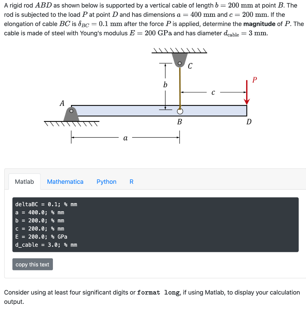 Solved A Rigid Rod ABD As Shown Below Is Supported By A | Chegg.com