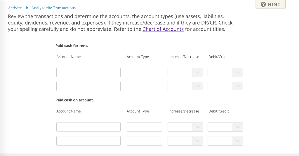 Solved ? HINT Activity 1.b - Analyze The Transactions Review | Chegg.com