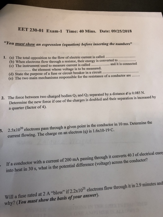 Solved EET 230-01 Exam-1 Time: 40 Mins. Date: 09/25/2018 | Chegg.com