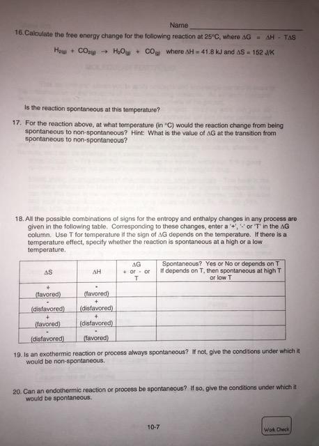 Solved Name 16. Calculate the free energy change for the | Chegg.com