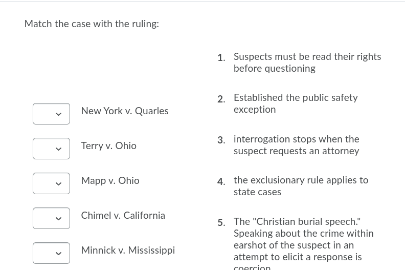 Solved Match the case with the ruling 1. Suspects must be
