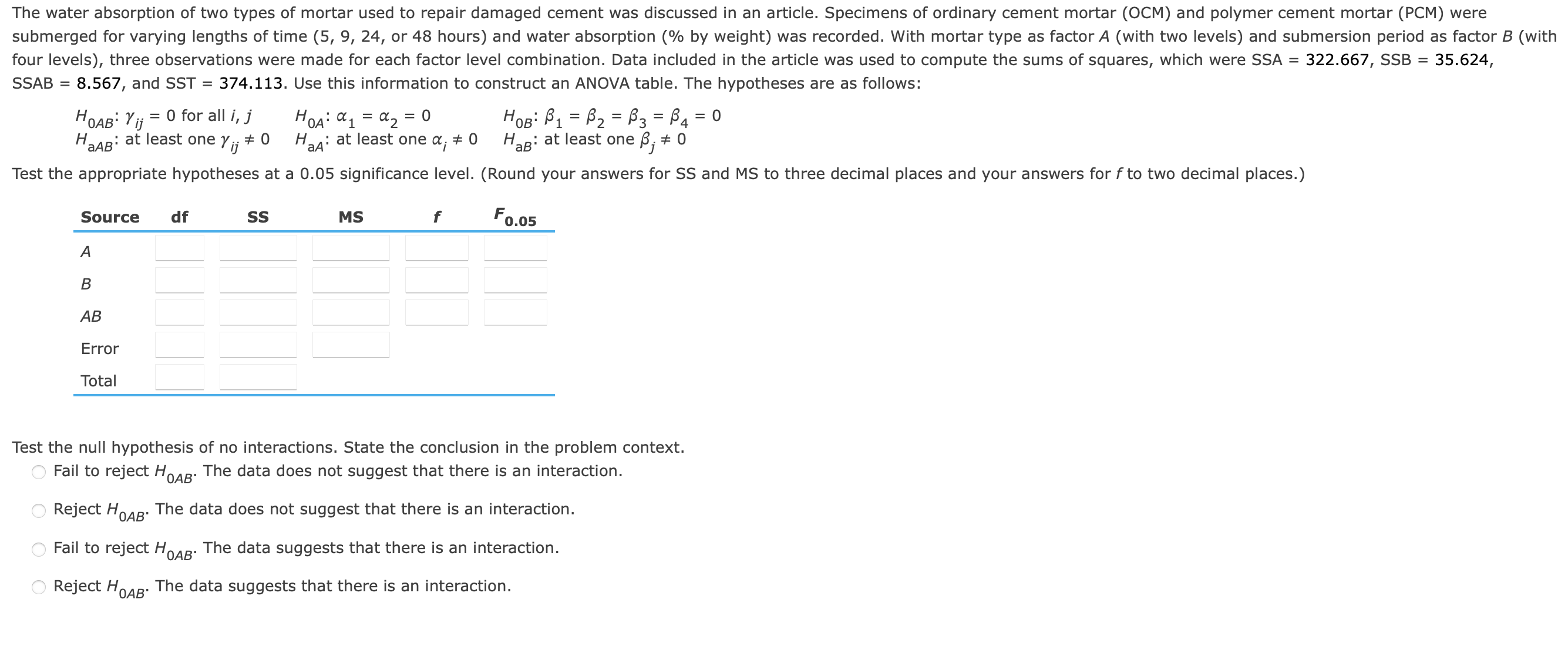 Solved SSAB=8.567, and SST = 374.113. Use this information | Chegg.com