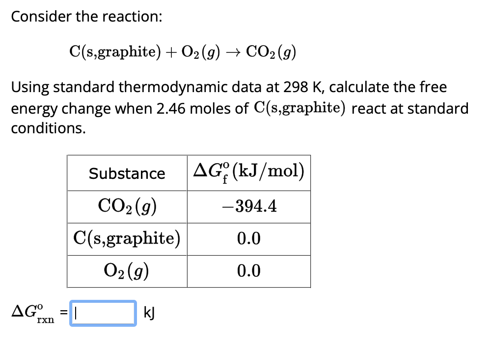 Solved Consider the reaction: C(s, graphite )+O2(g)→CO2(g) | Chegg.com