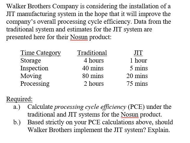Walker Brothers Company is considering the installation of a JT manufacturing system in the hope that it will improve the com