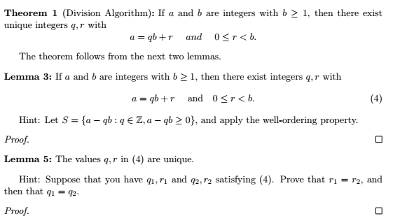 Solved Theorem 1 (Division Algorithm): If a and b are | Chegg.com