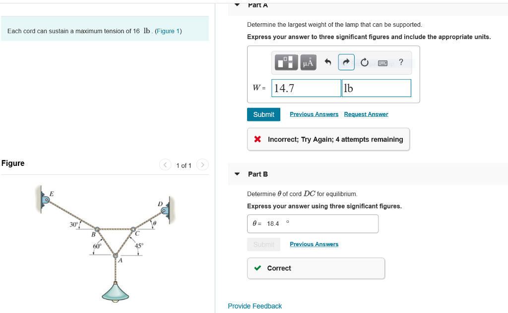 Solved ParT A Determine the largest weight of the lamp that | Chegg.com