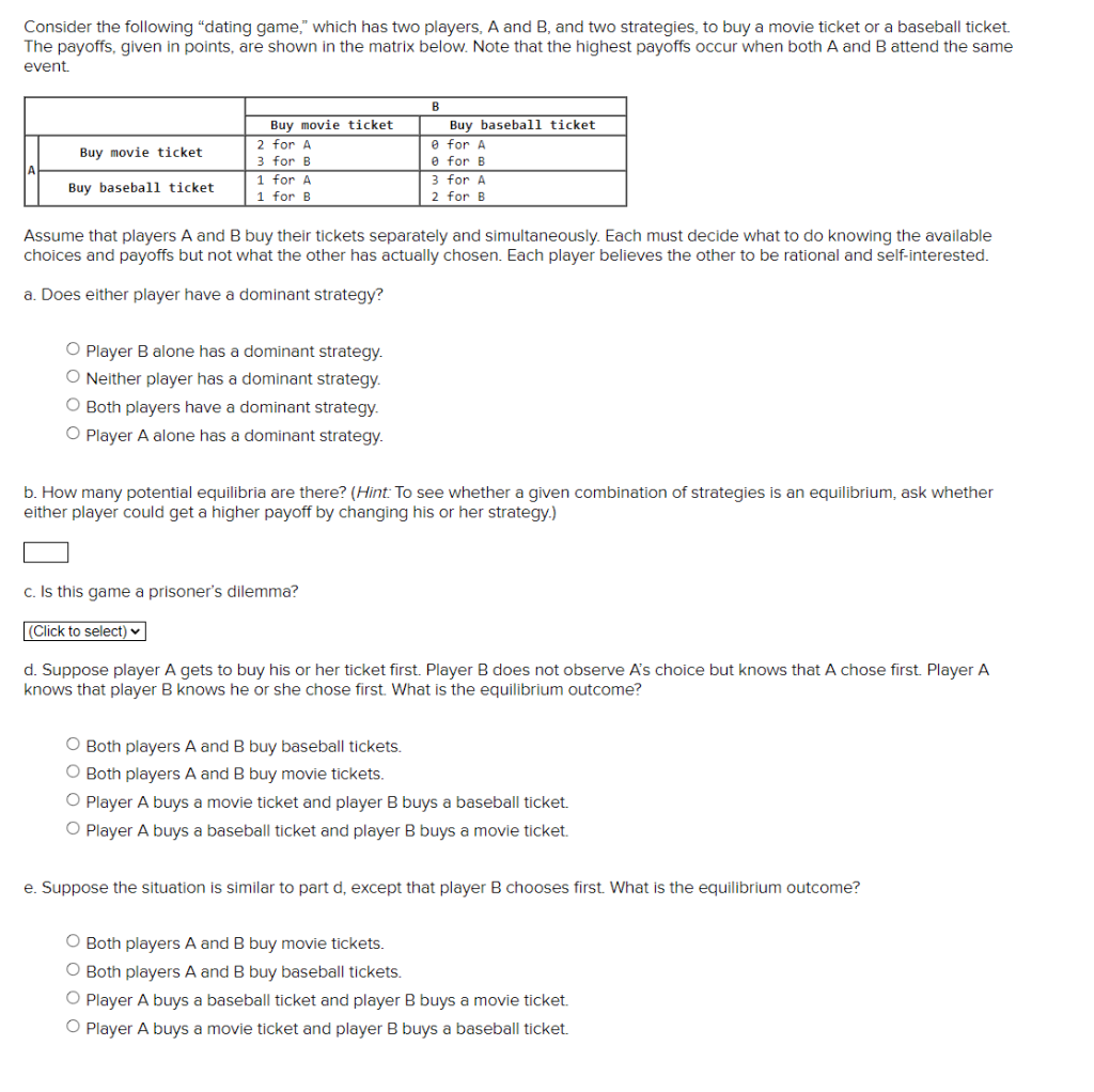 Solved Consider The Following "dating Game," Which Has Two | Chegg.com