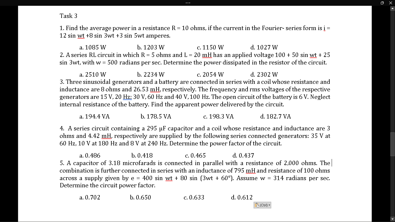 Solved ... Task 3 1. Find the average power in a resistance | Chegg.com
