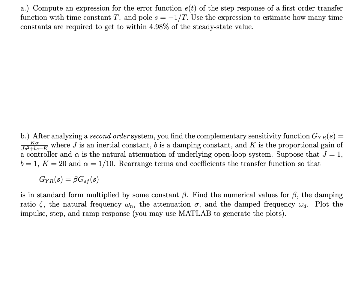 Solved a.) Compute an expression for the error function e(t) | Chegg.com