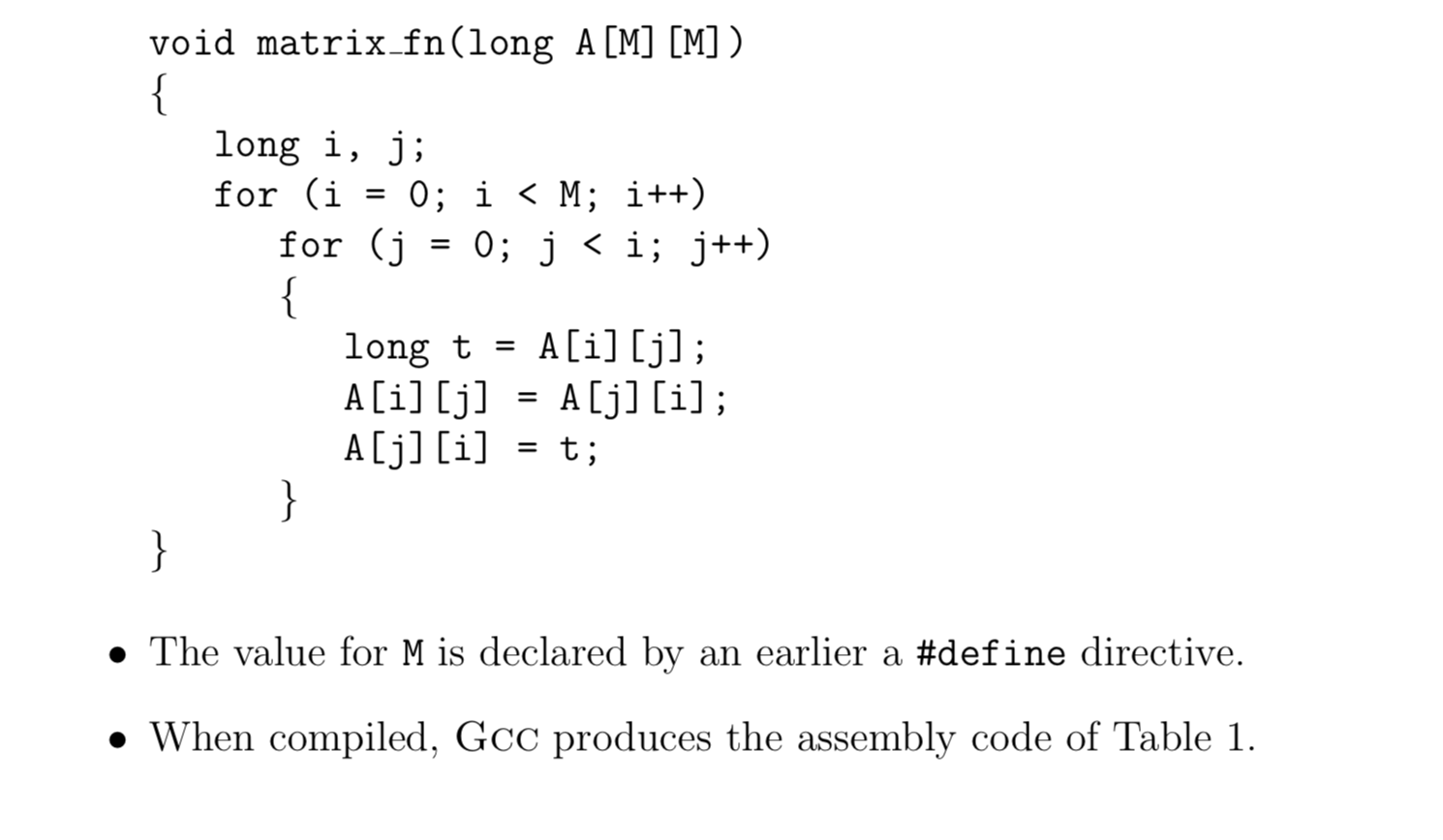 = void matrix_fn(long A [M] [M]) { long i, j; for (i | Chegg.com