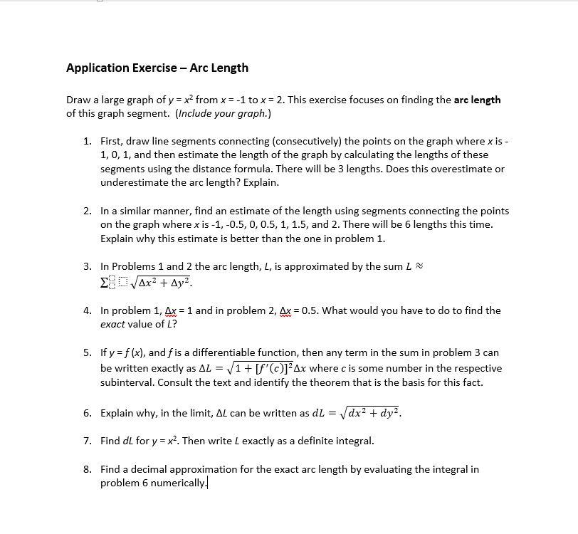 Solved Application Exercise Arc Length Draw a large graph