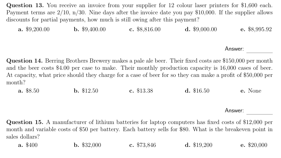 Solved Question 13. You receive an invoice from your | Chegg.com
