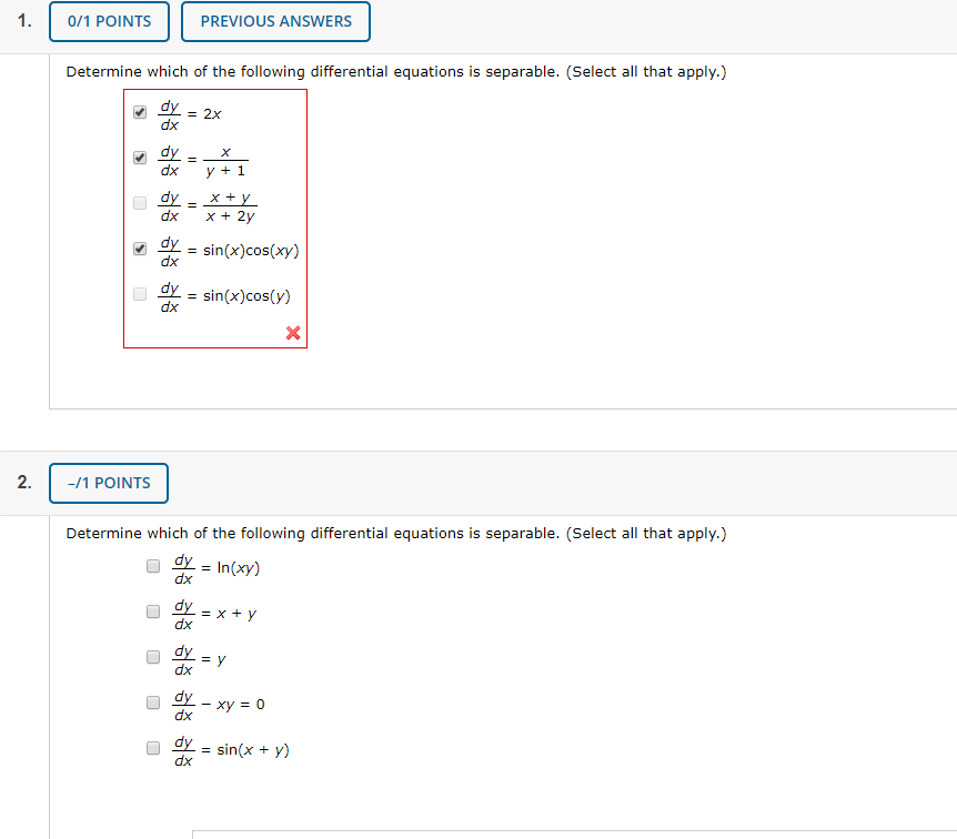 Solved 1. 0/1 POINTS PREVIOUS ANSWERS Determine which of the | Chegg.com