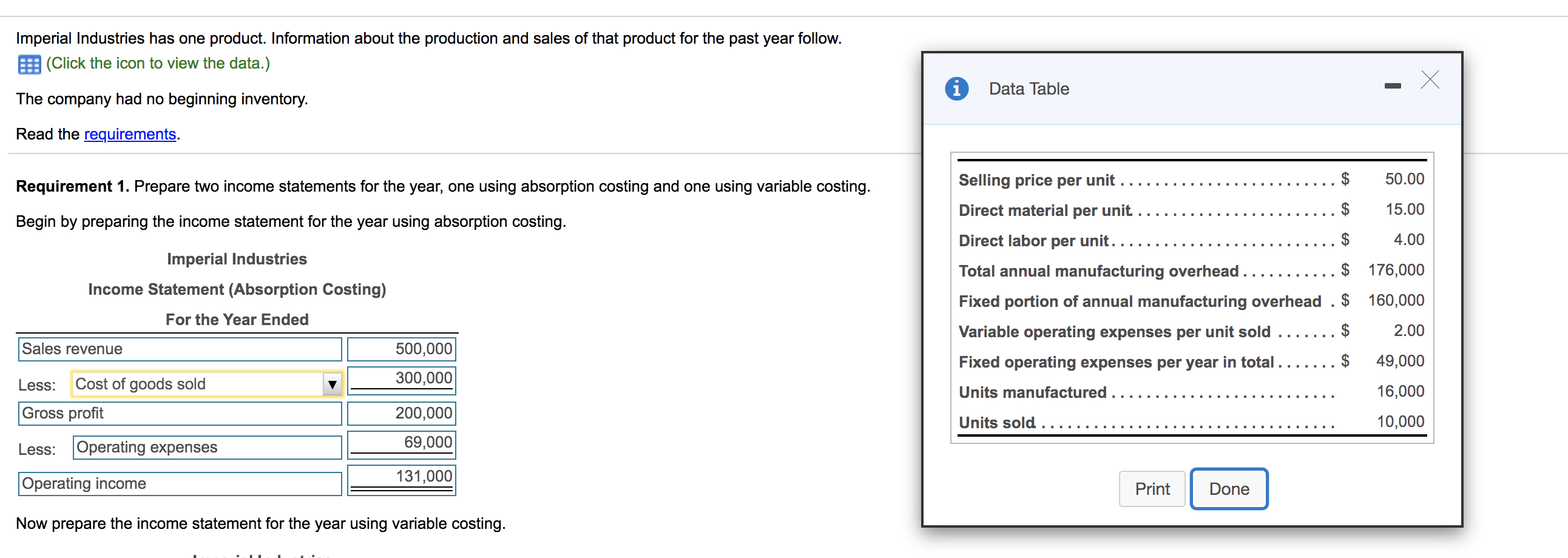 Operating Income Using Absorption Costing