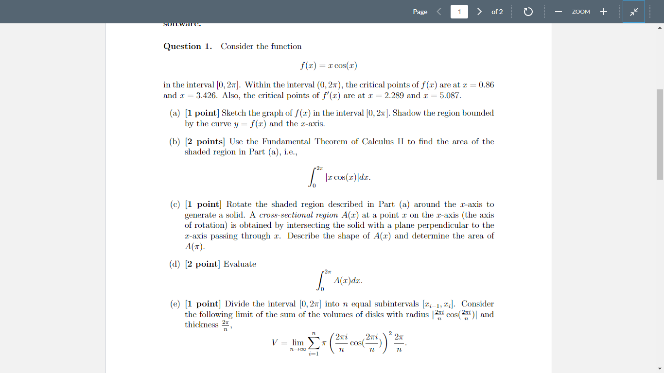 Solved Question 1. Consider the function f(x)=xcos(x) in the | Chegg.com