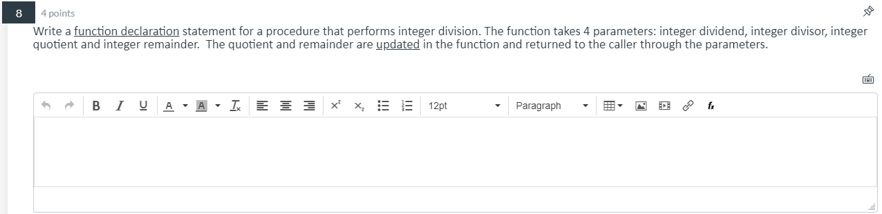 Solved 8 4 points Write a function declaration statement for | Chegg.com