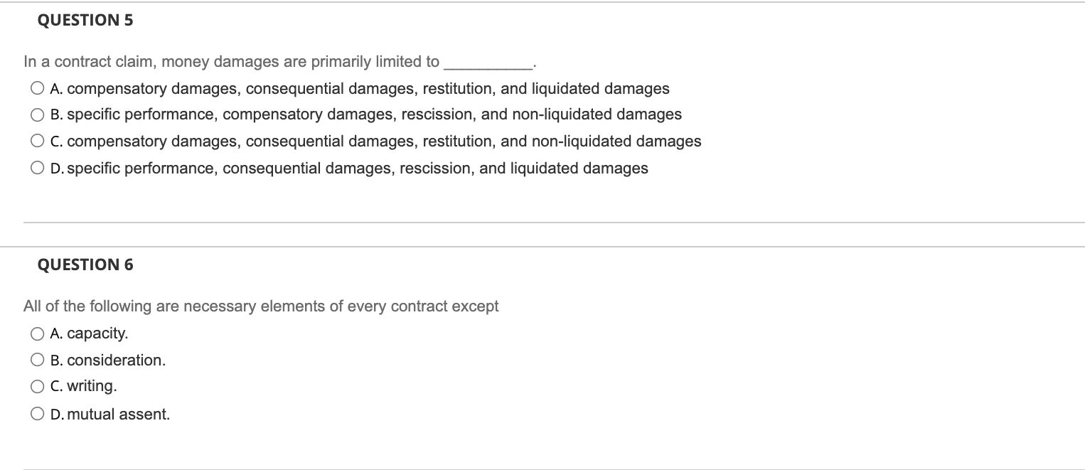 Solved QUESTION 5 In A Contract Claim, Money Damages Are | Chegg.com