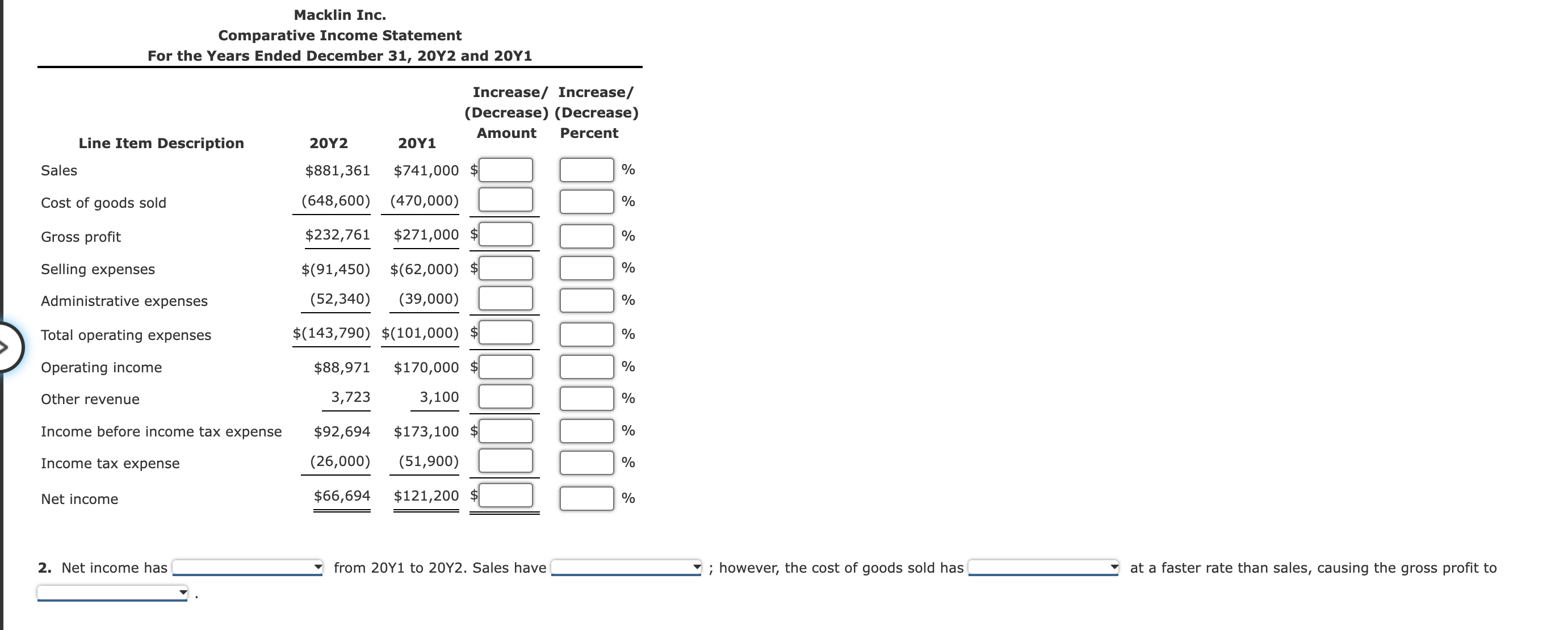 Solved Macklin Inc.2. Net has from 20Y1 to 20Y2.