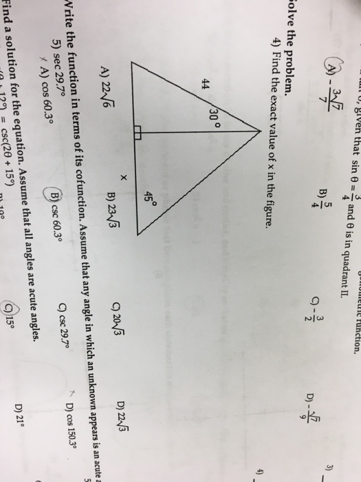 Solved o, given that sin θ = 3 and θ is in quadrant 11. | Chegg.com