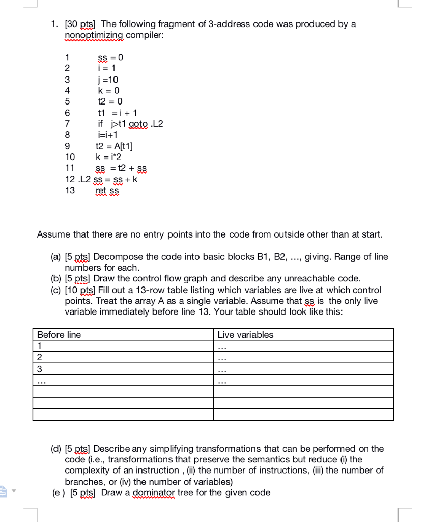 1. [30 pts The following fragment of 3 -address code | Chegg.com