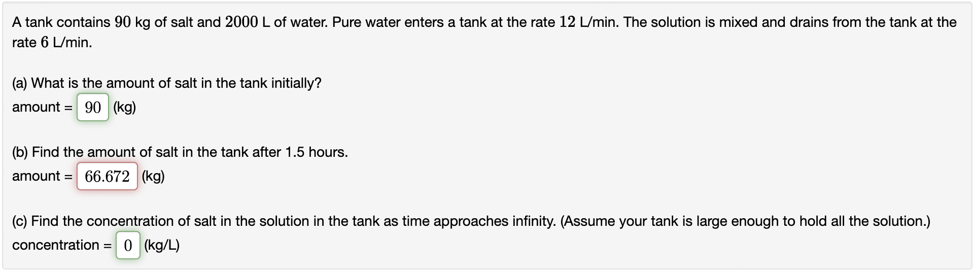 Solved A tank contains 90 kg of salt and 2000 L of water.