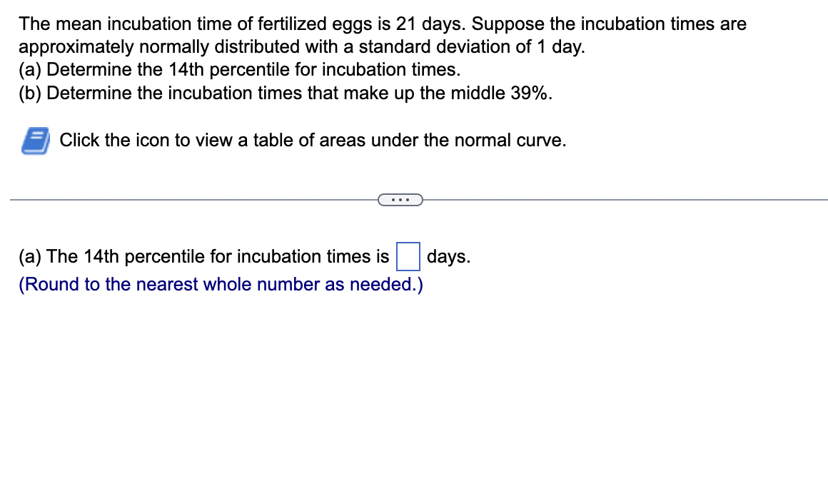 Solved The mean incubation time of fertilized eggs is 21 | Chegg.com
