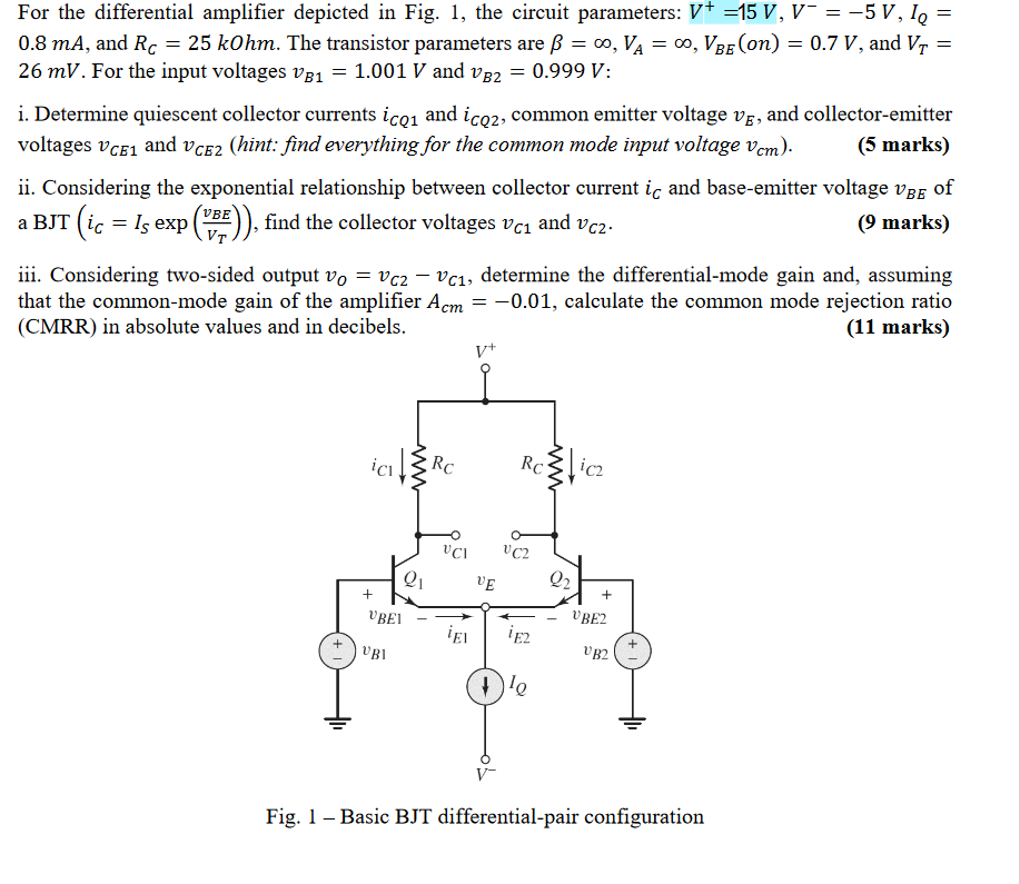 Solved For the differential amplifier depicted in ﻿Fig. 1, | Chegg.com