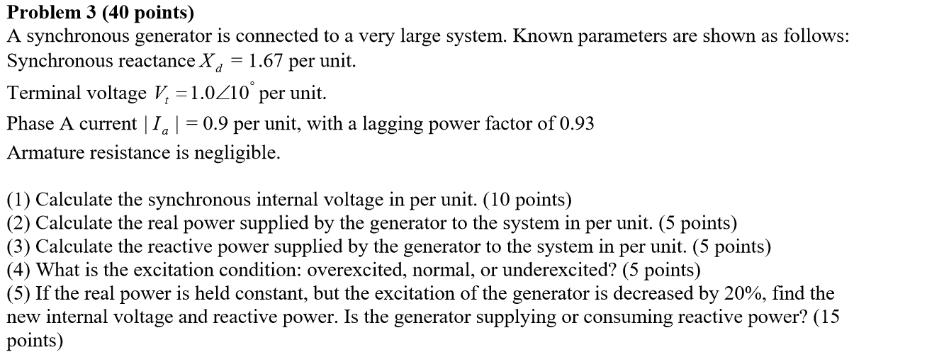 Solved Problem 3 (40 points) A synchronous generator is | Chegg.com
