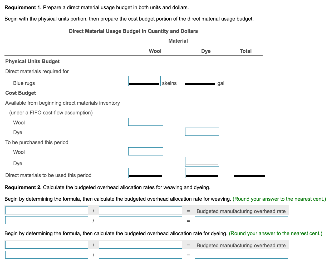 Solved Requirement 1. Prepare a direct material usage budget