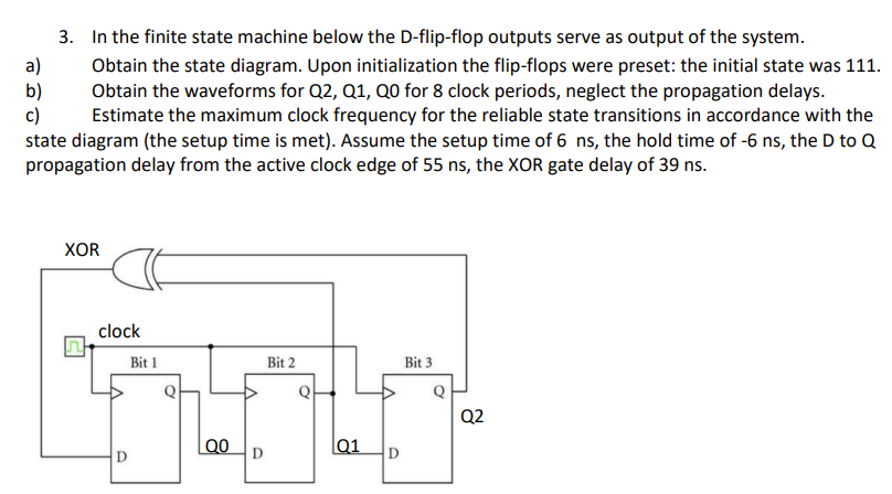 3. In the finite state machine below the D-flip-flop outputs serve as output of the system.
a) Obtain the state diagram. Upon
