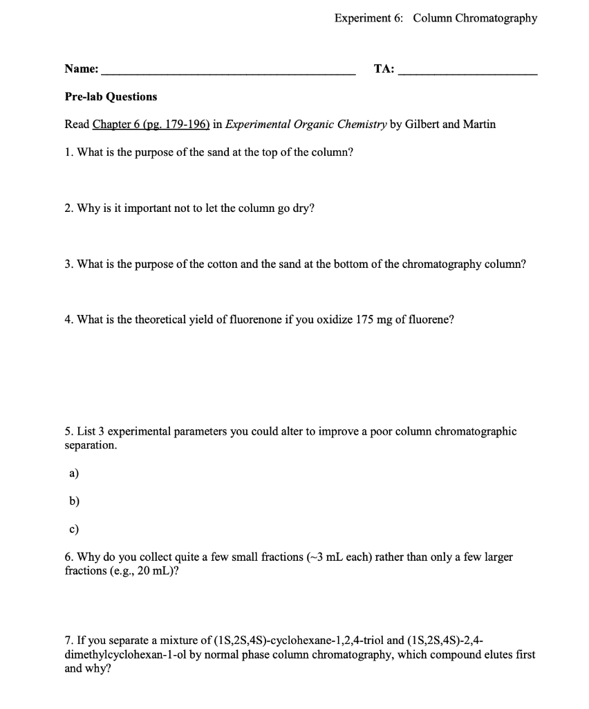 Solved Experiment 6: Column Chromatography Name: TA: __ | Chegg.com