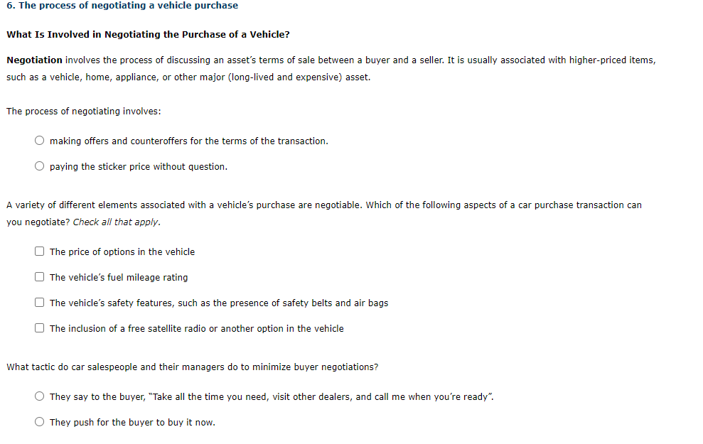 Solved 6 The Process Of Negotiating A Vehicle Purchase What Chegg
