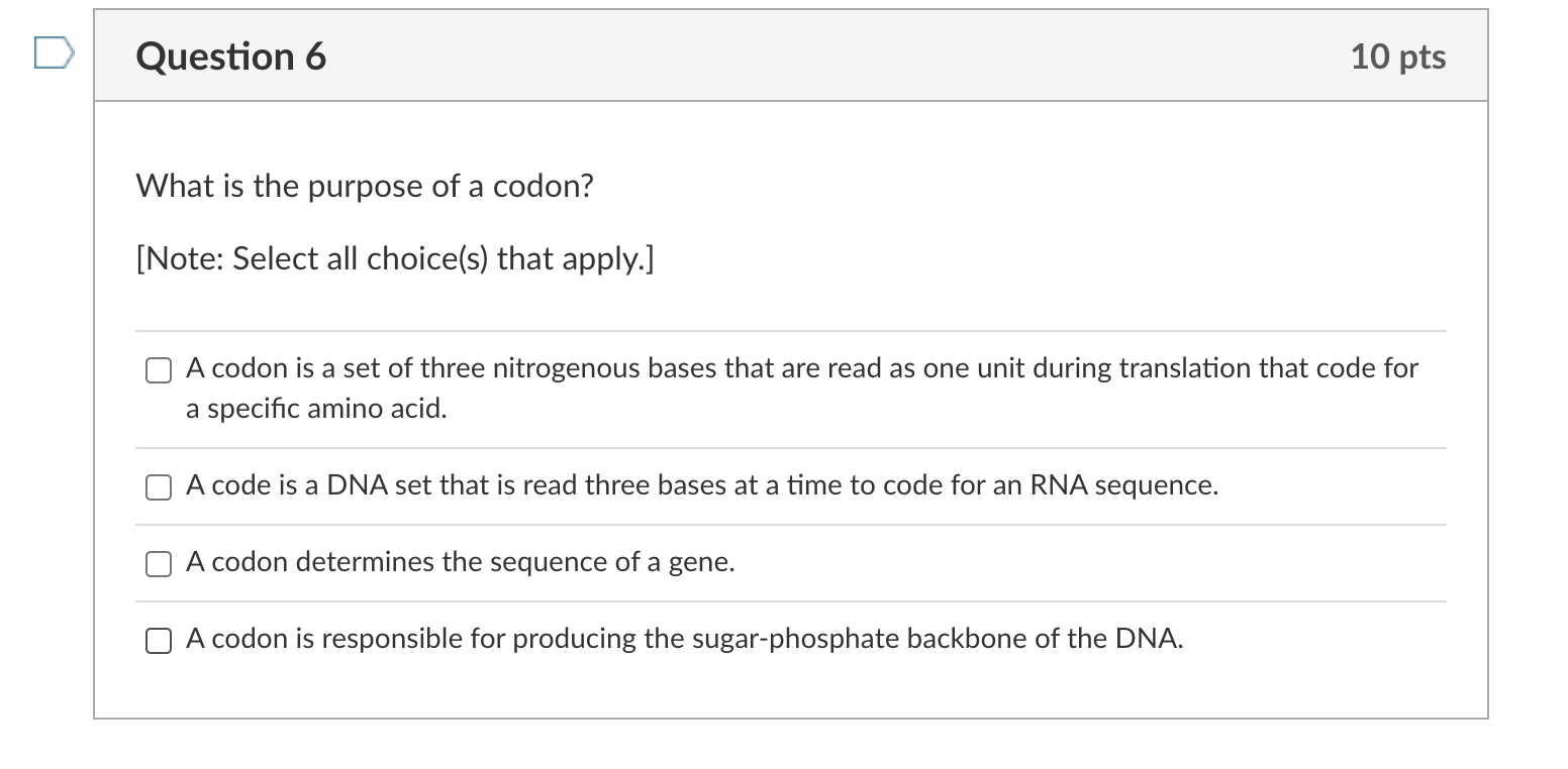 Solved What is the purpose of a codon? [Note: Select all | Chegg.com