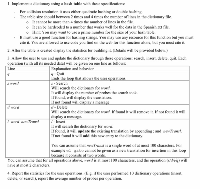 Solved 1. Implement a dictionary using a hash table with | Chegg.com