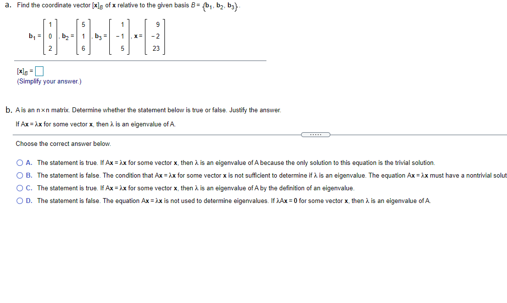 Solved a. Find the coordinate vector [x]c of x relative to | Chegg.com