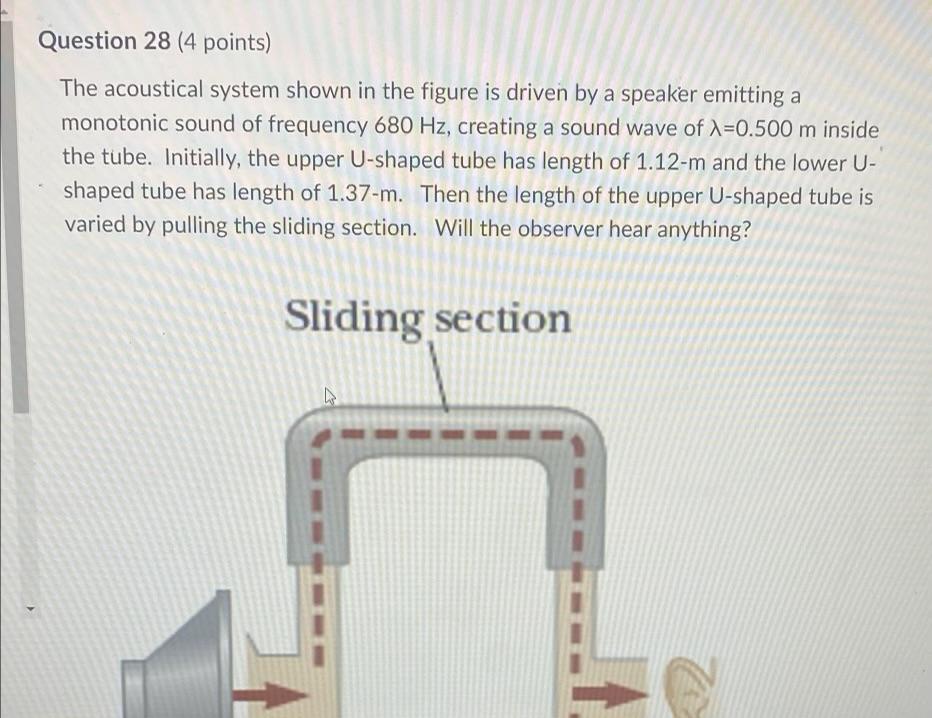 Question 28 (4 points)
The acoustical system shown in the figure is driven by a speaker emitting a
monotonic sound of frequen