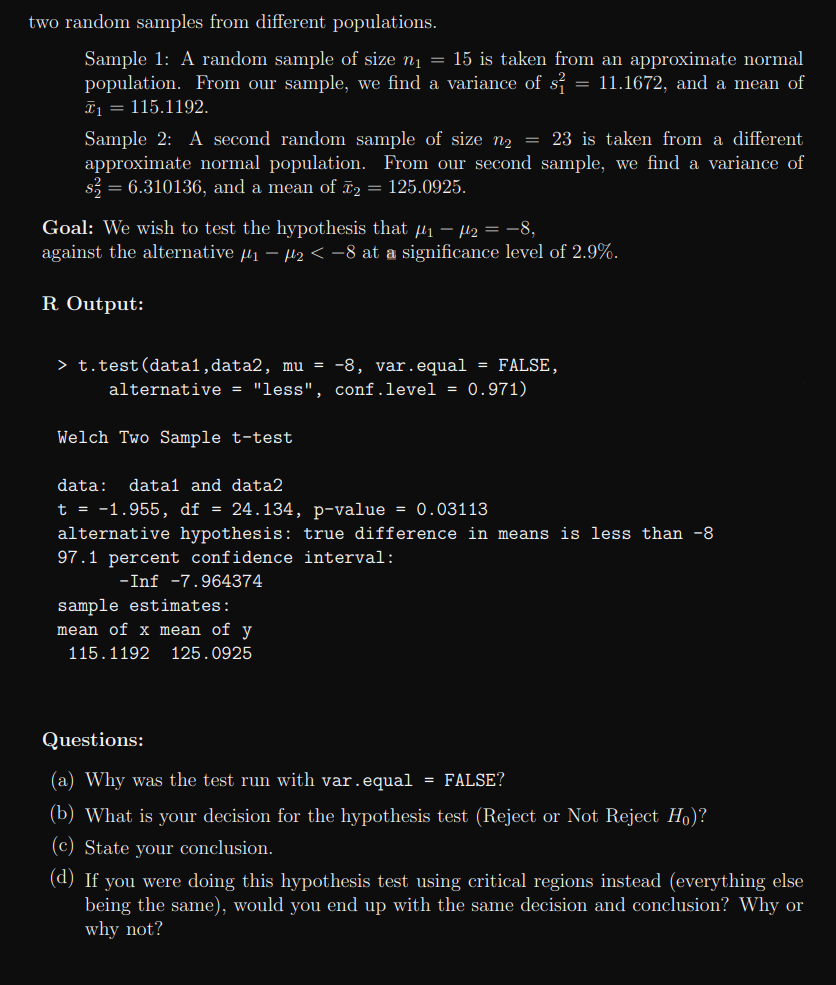 Solved two random samples from different populations. Sample | Chegg.com