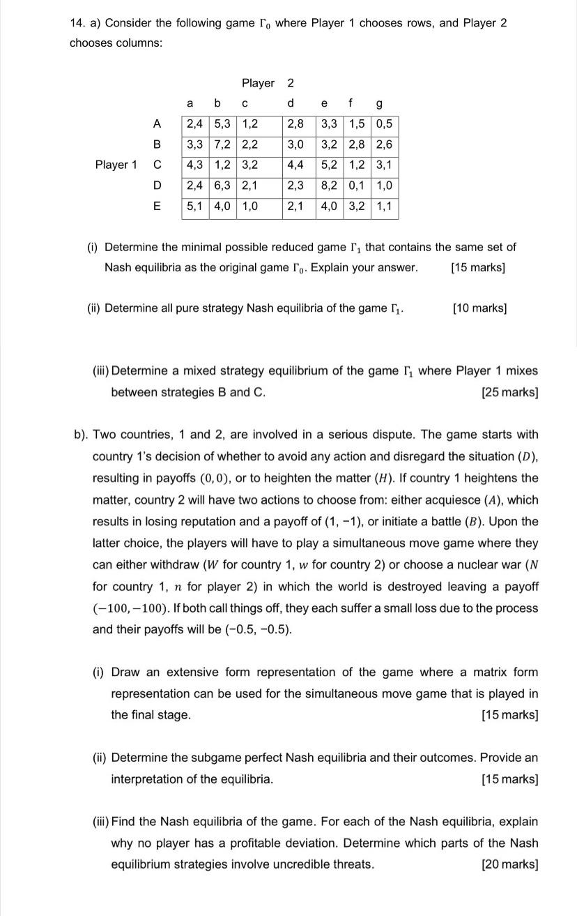 Solved 14. A) Consider The Following Game I, Where Player 1 | Chegg.com