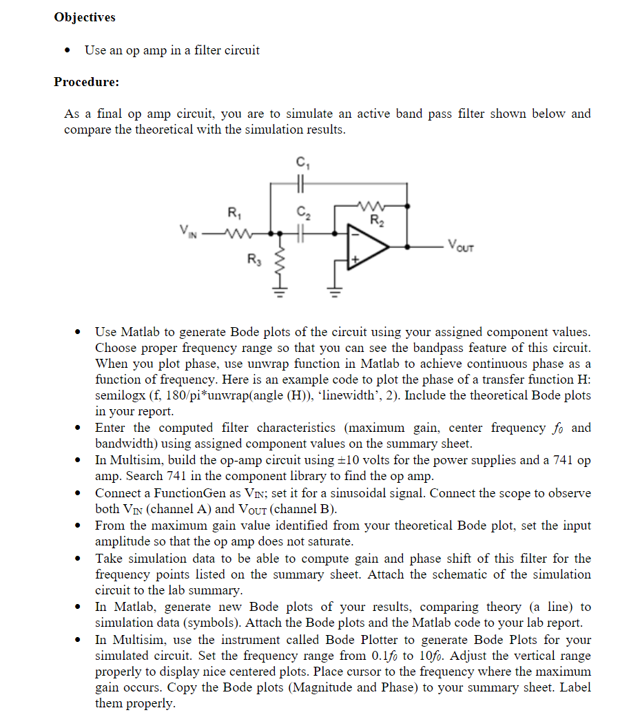 Solved Objectives Use an op amp in a filter circuit | Chegg.com