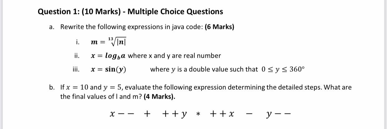 Solved Question 1: (10 Marks) - Multiple Choice Questions a. | Chegg.com