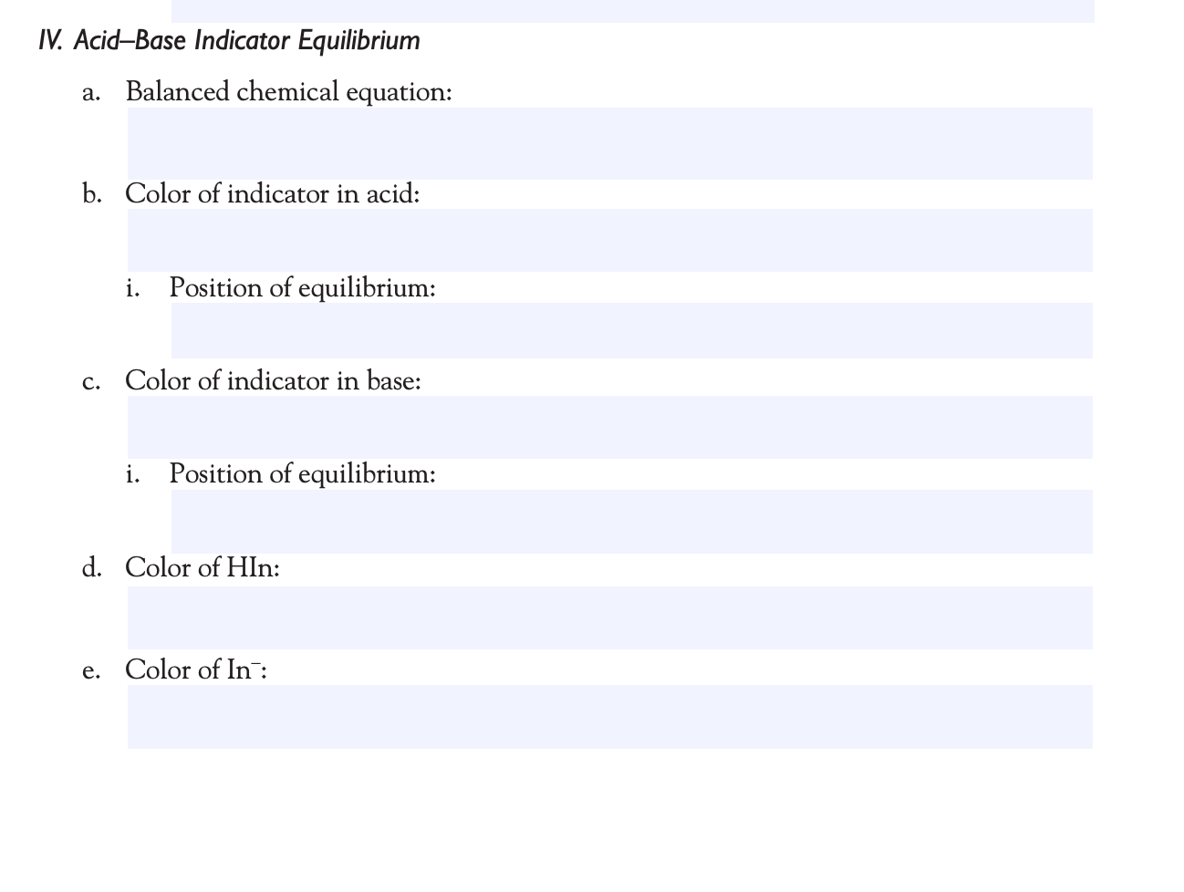 Solved IV. Acid-Base Indicator Equilibrium The fourth | Chegg.com