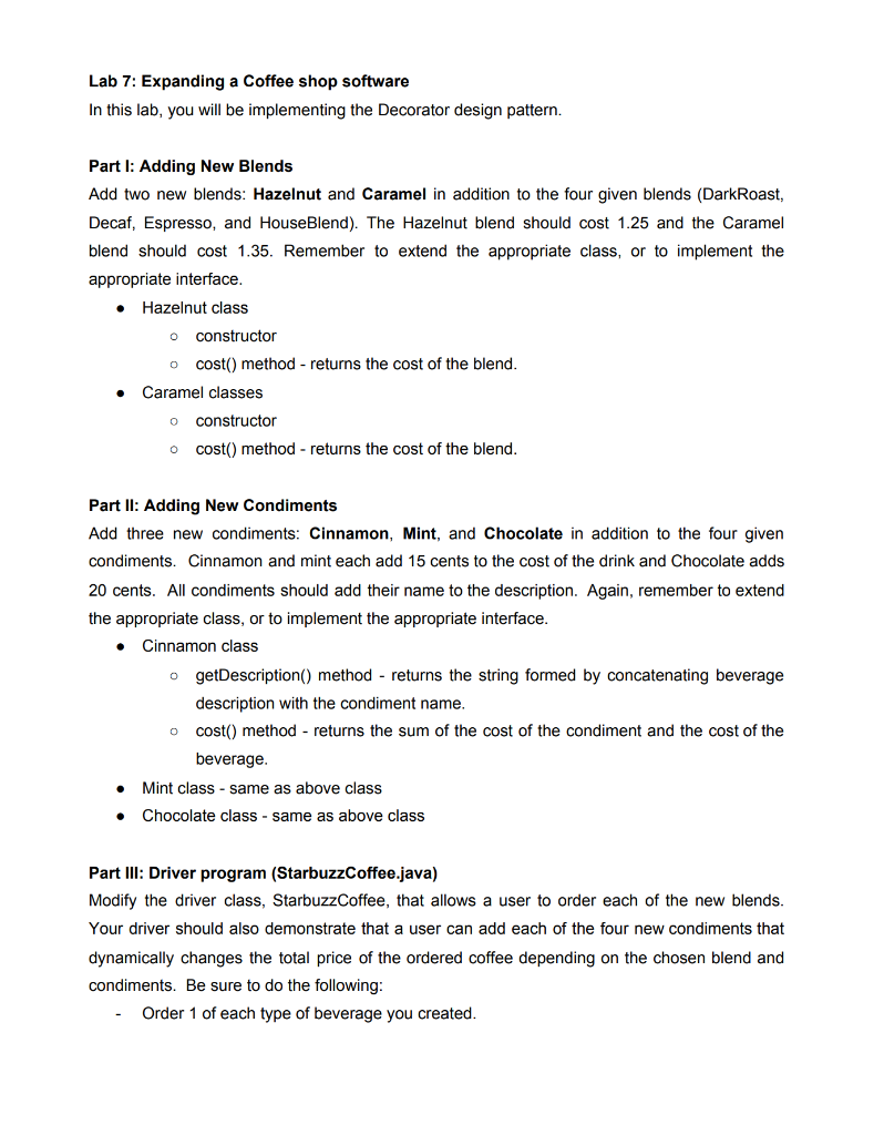 Solved Lab 7: Expanding a Coffee shop software In this lab, | Chegg.com