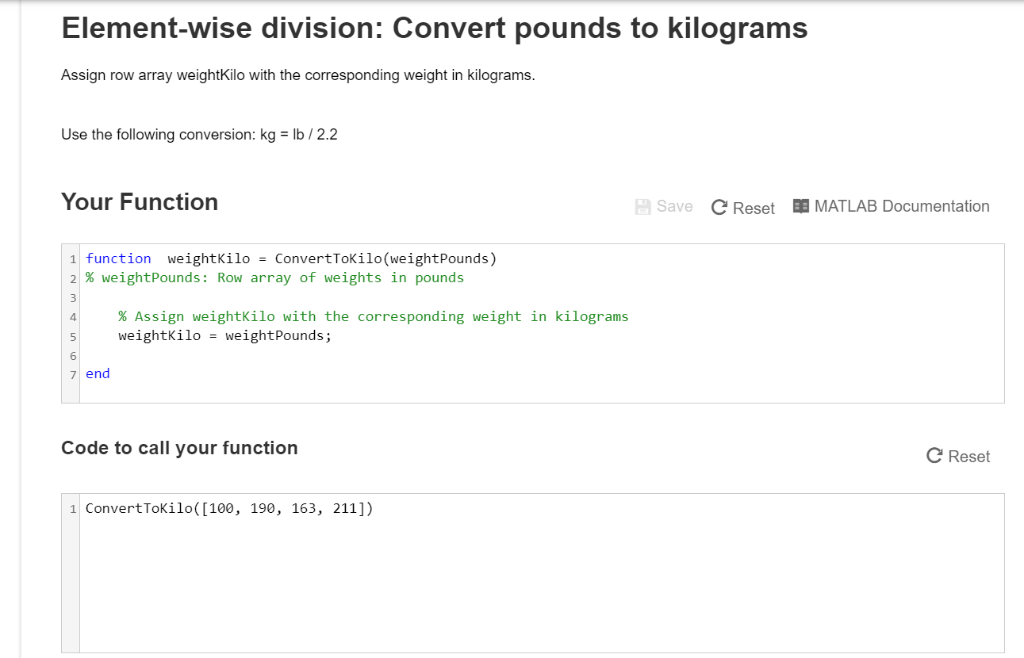 Solved Element wise division Convert pounds to kilograms Chegg